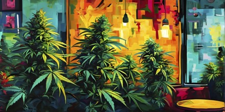 Abstract composition of a cannabis cafe with ambiance bold contrasting colors and playful shapes,