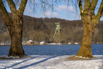 Winter, snowy landscape, Lake Baldeney, headframe of the former Carl Funke colliery in