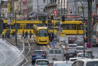 Ruhrbahn tram, on Altendorfer Straße, intersection Helenenstraße, in Essen, rush hour, evening