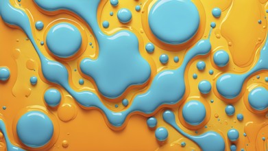 Abstract wallpaper with colorful turquoise and yellow blobs and liquid shapes on a orange