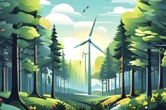 Abstract illustration of a forest with tall, geometric trees made of wind turbine blades, merging