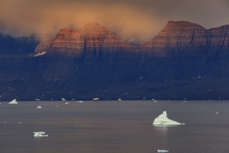 Evening light and atmosphere in fjord with icebergs in front of steep mountains, cloudy, autumn,