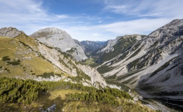 View of the Falzthurntal valley with Sonnjoch summit, in autumn, Karwendel mountains, Alpenpark