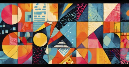 Vibrant patchwork of abstract shapes with pencil texture details, perfect for a variety of creative