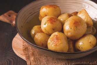 Fresh Cooked, new potatoes, with dill, on a wooden table, selective focus. close-up, toning, no