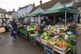 Market stall in town centre selling fruit and vegetables, greengrocer, Framlingham, Suffolk,