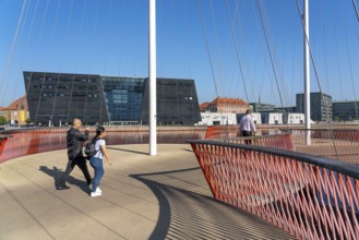 Cyclists on the Cirkelbroen cycle and footpath bridge, over the harbour, in the Christianshavens