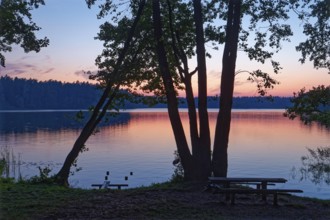 Evening atmosphere at the rest area on Lake Rospuda in northern Poland. Augustow, Podlaskie,