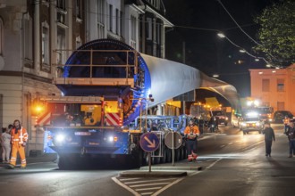 Transport of a 68 metre long, 22 tonne blade of a wind turbine, here in Schwelm, with a