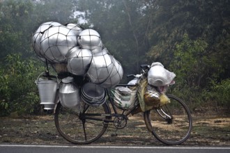 Bicycle used by a hawker to sell kitchenware in rural Jharkhand, India, Asia