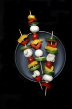 Colourful vegetable skewers on a plate, barbecue skewers