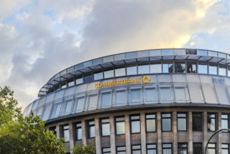 Commerzbank, modern building with the bank's logo. Berlin, Germany, Europe