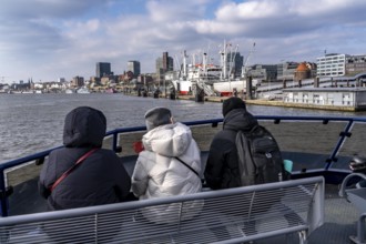 Cruise with the Hadag harbour ferry on the Elbe, skyline, St. Pauli jetties, Cap San Diego museum