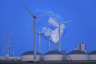 Vopak tank terminal in the industrial harbour of Eemshaven, RWE coal-fired power plant