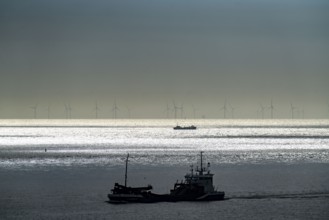 Shipping traffic off Zoutelande province of Zeeland, offshore wind farm, Walcheren peninsula,