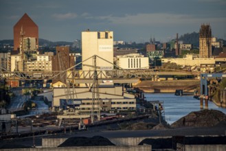 Duisburg harbours, Rheinkai Nord, outer harbour, behind the city centre with inner harbour, archive