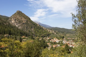 Citadel of the Byzantine ruined city of Mystras or Mistra on the Taygetos Mountains and Mistras at