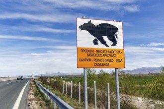 Bilingual warning sign on motorway, caution, drive slowly, bears crossing the road, Western