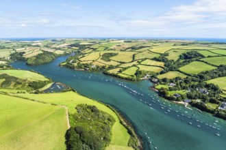 Salcombe and Mill Bay over Kingsbridge Estuary from a drone, Batson Creek, Southpool Creek, Devon,