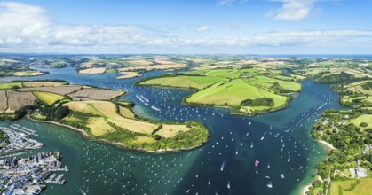 Panorama of Salcombe and Mill Bay over Kingsbridge Estuary from a drone, Batson Creek, Southpool