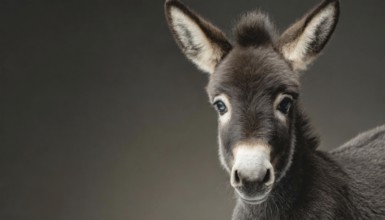 Portrait of a donkey against a dark background with detailed fur structures