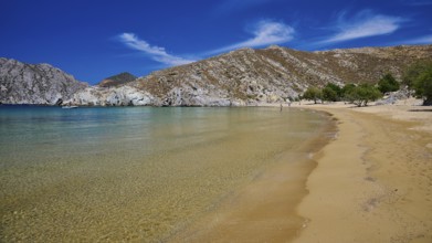 Extensive golden sandy beach with clear water, framed by rocks and trees under a bright blue sky,