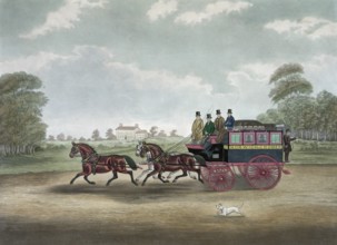 The coach Unicorn Norwich, Men in the coach Norwich to Cromer, drawn by three horses, 1830,