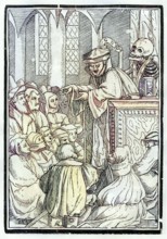 Der Tod holt den Prediger Holzschnitt von Georg Scharffenberg nach Hans Holbein d. J. Aus Der