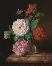 Bouquet of flowers with dahlias, painting by Josef Lauer (1818, 1881), Austrian still life painter