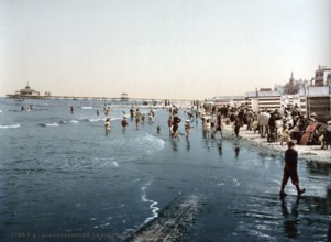 The Pier and the Shore, Blankenberghe, Blankenberge, Belgium, ca 1890, Historic, digitally restored