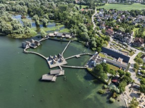 Aerial view of the pile dwellings, Lake Dwelling Museum, Open Air Museum Unteruhldingen,