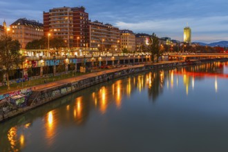 Illuminated Franz-Josefs Quay on the Danube Canal, evening mood, Vienna Austria