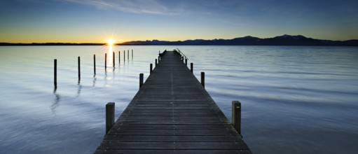 Panorama, jetty on Lake Chiemsee at sunrise, the Alps in the background, Bavaria, Germany, Europe