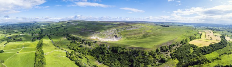 Panorama of Farms and Fields over Yorkshire Dales National Park from a dron, North Yorkshire,