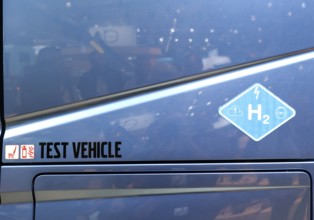 H2 hydrogen fuel cell logo on a Volvo truck at the IAA Transportation trade fair, Hanover,