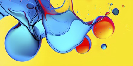 Abstract image with vibrant blue and red blobs and liquid shapes on a yellow background, AI