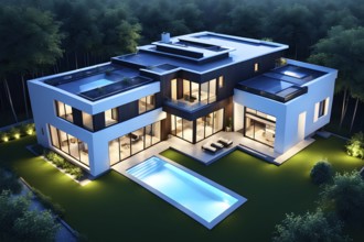 Three dimensional rendering of an illuminated modern ecological real estate residential house, AI