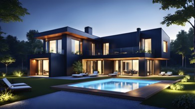 Three dimensional rendering of an illuminated modern ecological real estate residential house, AI