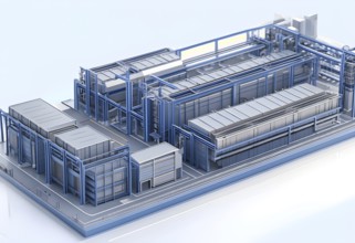 Three dimensional rendering of a model of a modern factory, AI generated