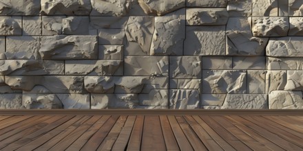 Three dimensional rendering of natural stone wall and wooden floor, AI generated