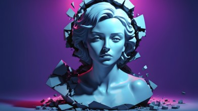 Three dimensional rendering of broken bust with illumination against colored background, AI