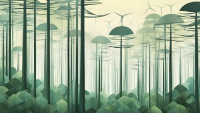 Abstract illustration of a forest with tall, geometric trees made of wind turbine blades, merging