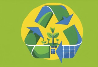 Recycling symbol morphing into growing plants and solar cells to symbolize the transformation of