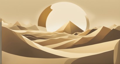 Abstract desert scene with triangular sand dunes and a single circular sun, using sharp lines and