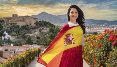 A smiling woman in a red dress waves the Spanish flag in front of a picturesque cityscape, AI