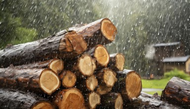 Forestry, timber industry, logs for firewood lying in the rain, AI generated, AI generated