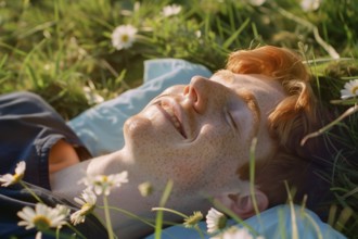 Teenager, young fair-skinned man with red hair and freckles lying on a spring meadow and basking in