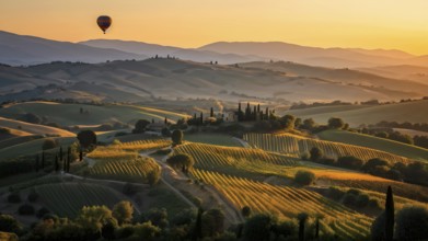 Hot air balloon drifting above undulating tuscan hills in sunsets golden light, AI generated