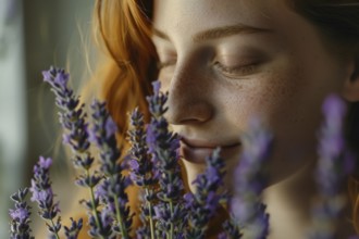 A woman savouring the scent of lavender flowers (Lavendula), AI generated, AI generated, AI