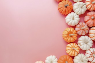 Orange and white pumpkins on pastel pink background with copy space. Generative Ai, AI generated